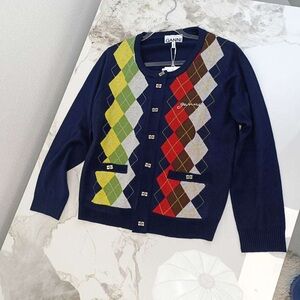 Ganni Women's Argyle Cardigan - Navy and Multicolor